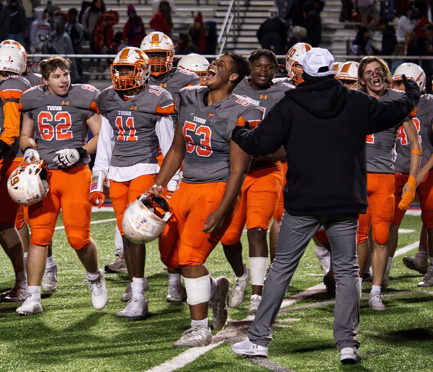 Isaiah Gardner (53) wasn't the only Yellowjacket excited after their win over Sabine on Friday, but he may have been the best at expressing it. [Get all the Yellowjacket action]